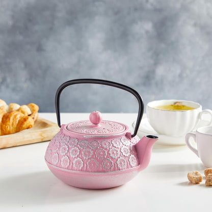 Cast Iron Tea Kettle - Stainless Steel Infuser & Loose Leaf Tea Steeper - Heat Retention in Pink Cast Iron Kettle - 34 oz