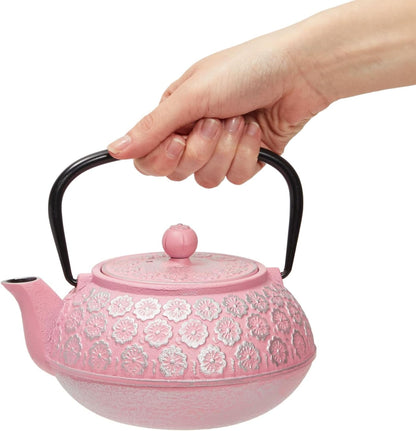 Cast Iron Tea Kettle - Stainless Steel Infuser & Loose Leaf Tea Steeper - Heat Retention in Pink Cast Iron Kettle - 34 oz