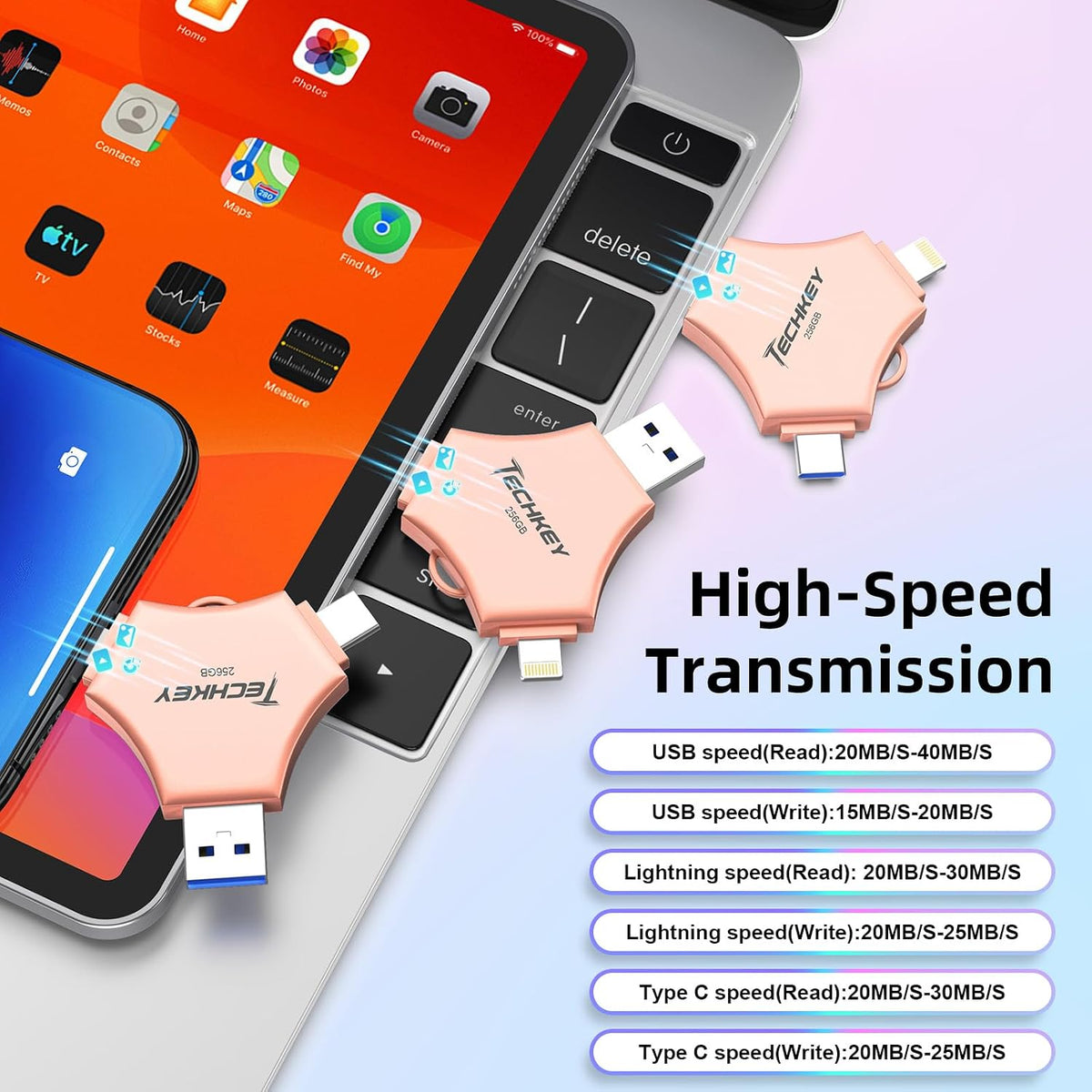 MFi Certified USB 3.0 Flash Drive 256GB for iPhone 3in1 External Memory Photo Keeper Storage Stick for Picture/Video/Data Saver/Backup High Speed Thumb/Jump/Hard Drives for iPad/Android/PC (Rose Pink)