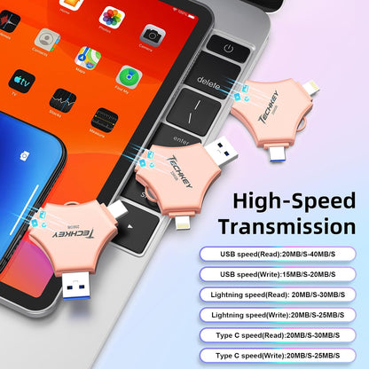 MFi Certified USB 3.0 Flash Drive 256GB for iPhone 3in1 External Memory Photo Keeper Storage Stick for Picture/Video/Data Saver/Backup High Speed Thumb/Jump/Hard Drives for iPad/Android/PC (Rose Pink)