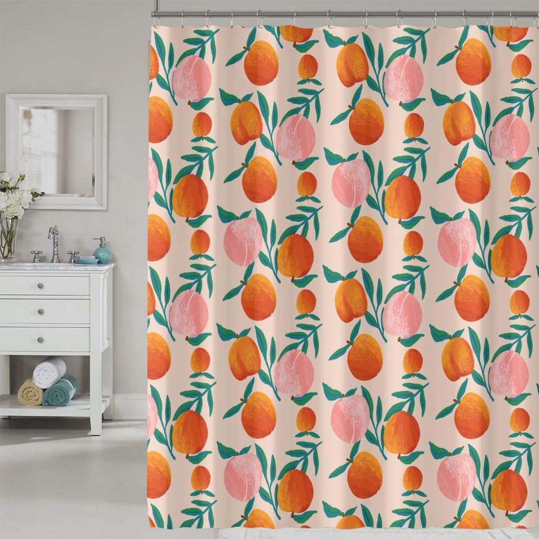 Peach Shower Curtain, Vibrant Cute Fruit Waterproof Shower Curtains for Bathroom, Cartoon Home Decorative Fabric Bath Curtain, Bathroom Accessories, 72 x 72 Inch, Orange Pink