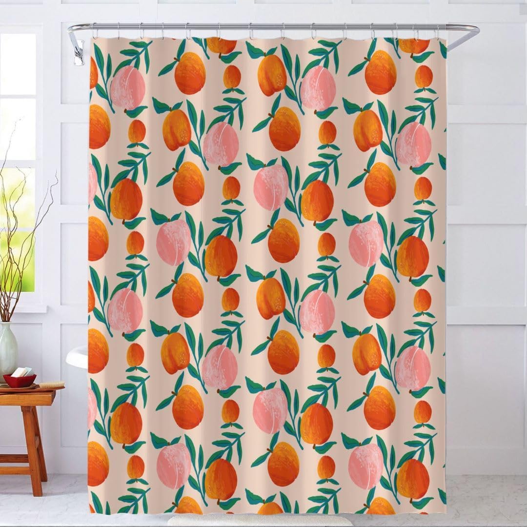 Peach Shower Curtain, Vibrant Cute Fruit Waterproof Shower Curtains for Bathroom, Cartoon Home Decorative Fabric Bath Curtain, Bathroom Accessories, 72 x 72 Inch, Orange Pink