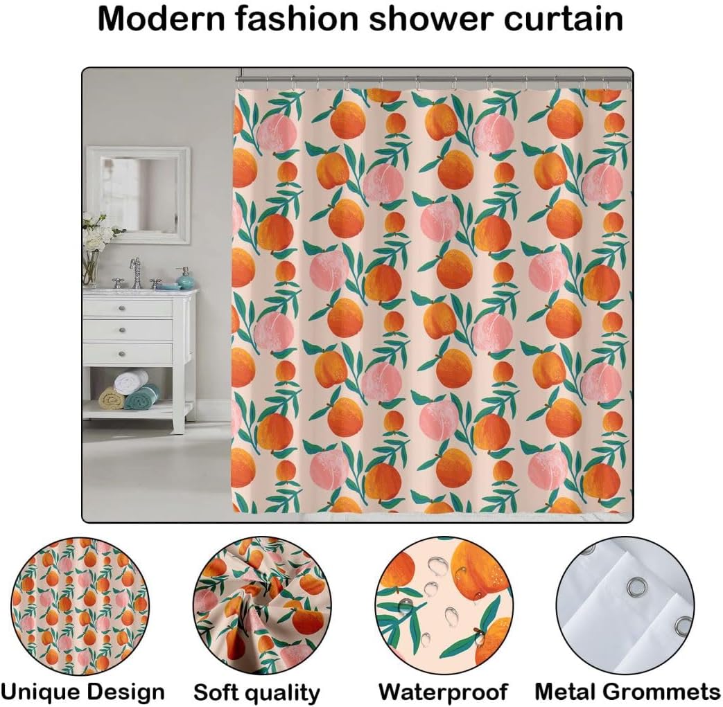 Peach Shower Curtain, Vibrant Cute Fruit Waterproof Shower Curtains for Bathroom, Cartoon Home Decorative Fabric Bath Curtain, Bathroom Accessories, 72 x 72 Inch, Orange Pink