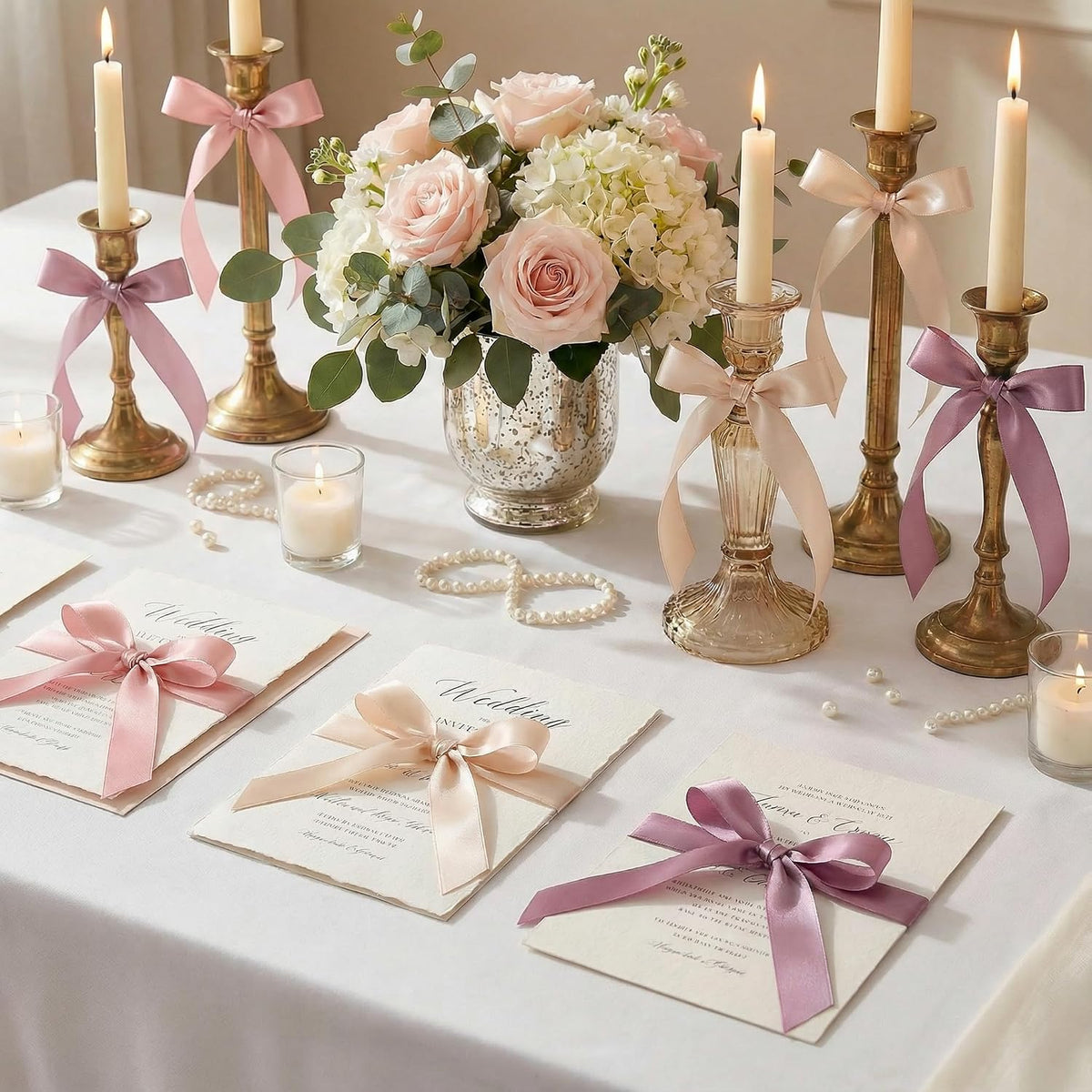 Dusty Rose Double Face Satin Ribbon 1 Inch x 45 Yards Champagne Pink/Rose Gold/Mauve Fabric Ribbon for Gift Wrapping, Flower Bouquets, Bows Making, Wedding Decor (3 Rolls *15Yd)