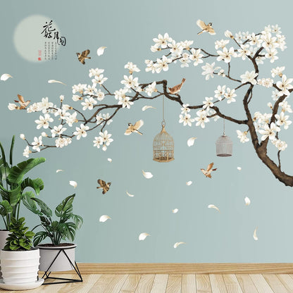 White Peach Blossm Flowers Wall Stickers Chinese Style Tree Branches Wall Decals Removable DIY Ancient Poems Petal Moon Birdcage Wall Art Murals for Girls Bedroom TV Background (Right)