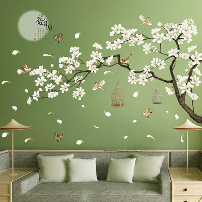 White Peach Blossm Flowers Wall Stickers Chinese Style Tree Branches Wall Decals Removable DIY Ancient Poems Petal Moon Birdcage Wall Art Murals for Girls Bedroom TV Background (Right)