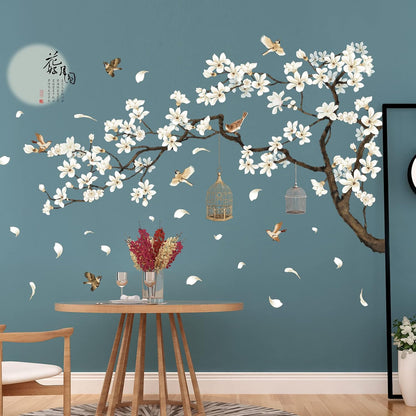 White Peach Blossm Flowers Wall Stickers Chinese Style Tree Branches Wall Decals Removable DIY Ancient Poems Petal Moon Birdcage Wall Art Murals for Girls Bedroom TV Background (Right)
