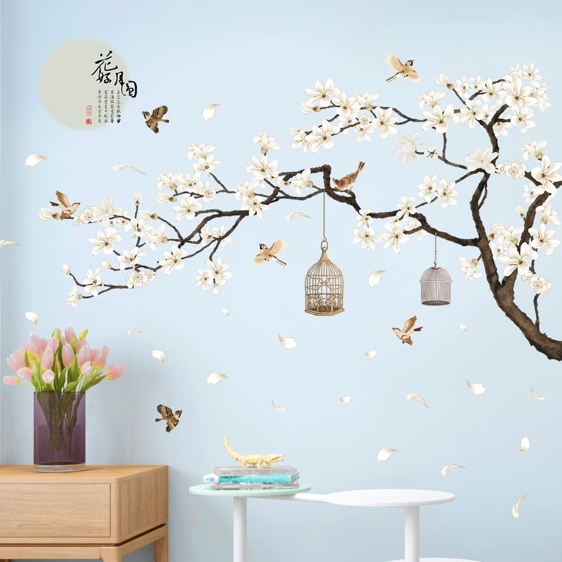 White Peach Blossm Flowers Wall Stickers Chinese Style Tree Branches Wall Decals Removable DIY Ancient Poems Petal Moon Birdcage Wall Art Murals for Girls Bedroom TV Background (Right)