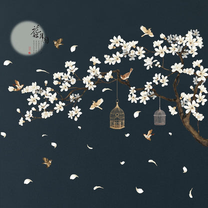 White Peach Blossm Flowers Wall Stickers Chinese Style Tree Branches Wall Decals Removable DIY Ancient Poems Petal Moon Birdcage Wall Art Murals for Girls Bedroom TV Background (Right)