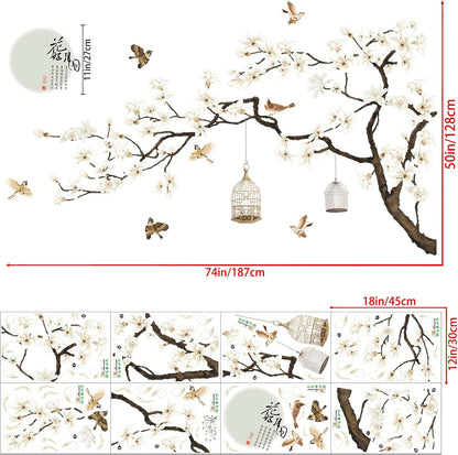 White Peach Blossm Flowers Wall Stickers Chinese Style Tree Branches Wall Decals Removable DIY Ancient Poems Petal Moon Birdcage Wall Art Murals for Girls Bedroom TV Background (Right)