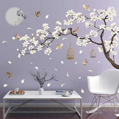 White Peach Blossm Flowers Wall Stickers Chinese Style Tree Branches Wall Decals Removable DIY Ancient Poems Petal Moon Birdcage Wall Art Murals for Girls Bedroom TV Background (Right)