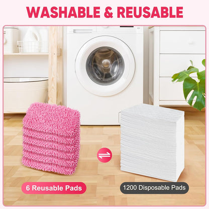6 Pack Reusable Mop Pads Compatible with Swiffer Sweeper, Chenille Mop Refill Pads, Dry & Wet Mopping Cloths for Floor Cleaning -Pink