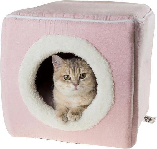 Cat House - Indoor Bed with Removable Foam Cushion - Cat Cave for Puppies, Rabbits, Guinea Pigs, Hedgehogs, and Other Small Animals by PETMAKER (Pink)