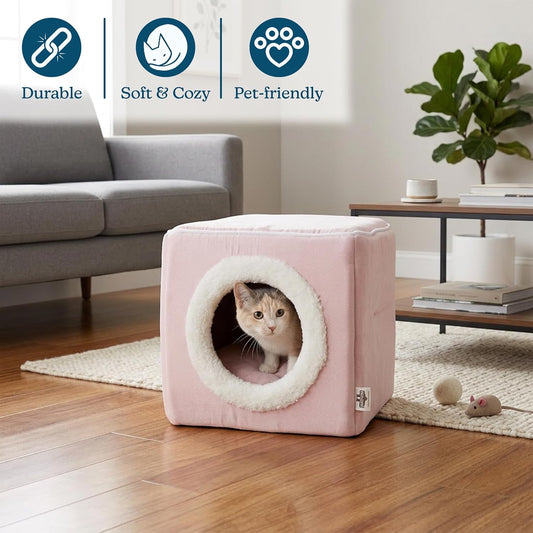 Cat House - Indoor Bed with Removable Foam Cushion - Cat Cave for Puppies, Rabbits, Guinea Pigs, Hedgehogs, and Other Small Animals by PETMAKER (Pink)