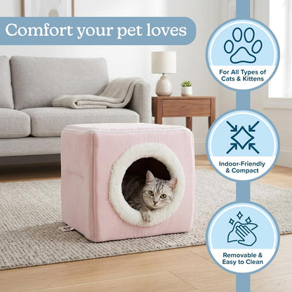 Cat House - Indoor Bed with Removable Foam Cushion - Cat Cave for Puppies, Rabbits, Guinea Pigs, Hedgehogs, and Other Small Animals by PETMAKER (Pink)