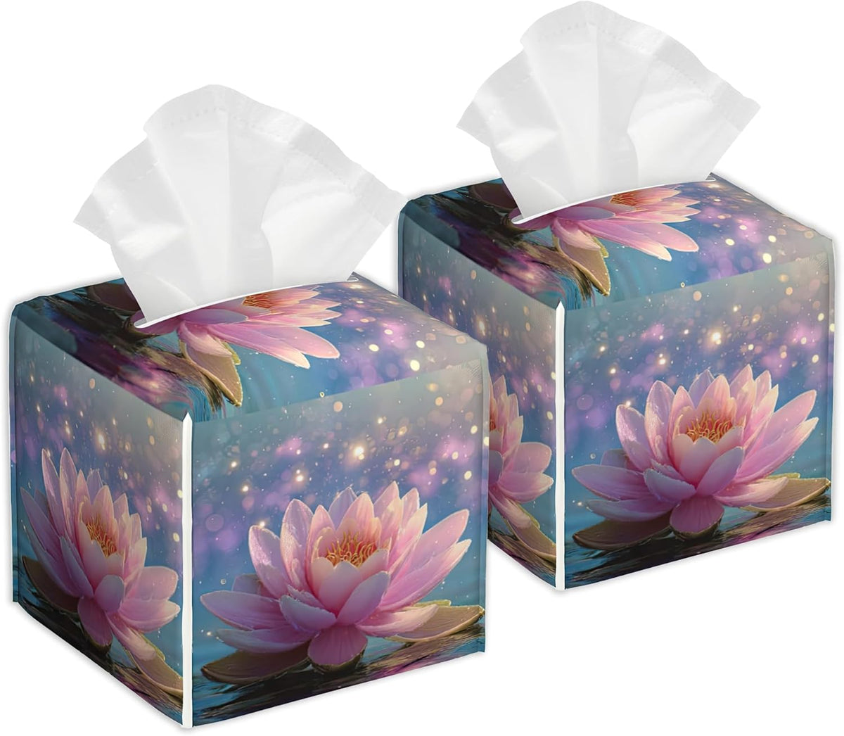 Pink Lotus Flower Tissue Box Cover, Set of 2 Square Leather Tissue Holder Organizer Portable Decorative Facial Paper Case for Home Office Bathroom Vanity Countertop