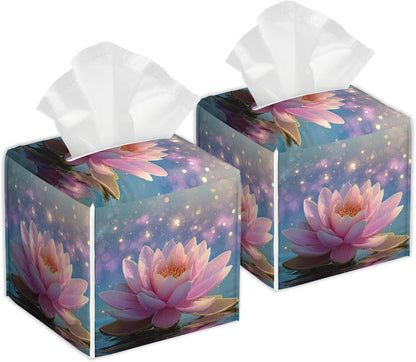 Pink Lotus Flower Tissue Box Cover, Set of 2 Square Leather Tissue Holder Organizer Portable Decorative Facial Paper Case for Home Office Bathroom Vanity Countertop