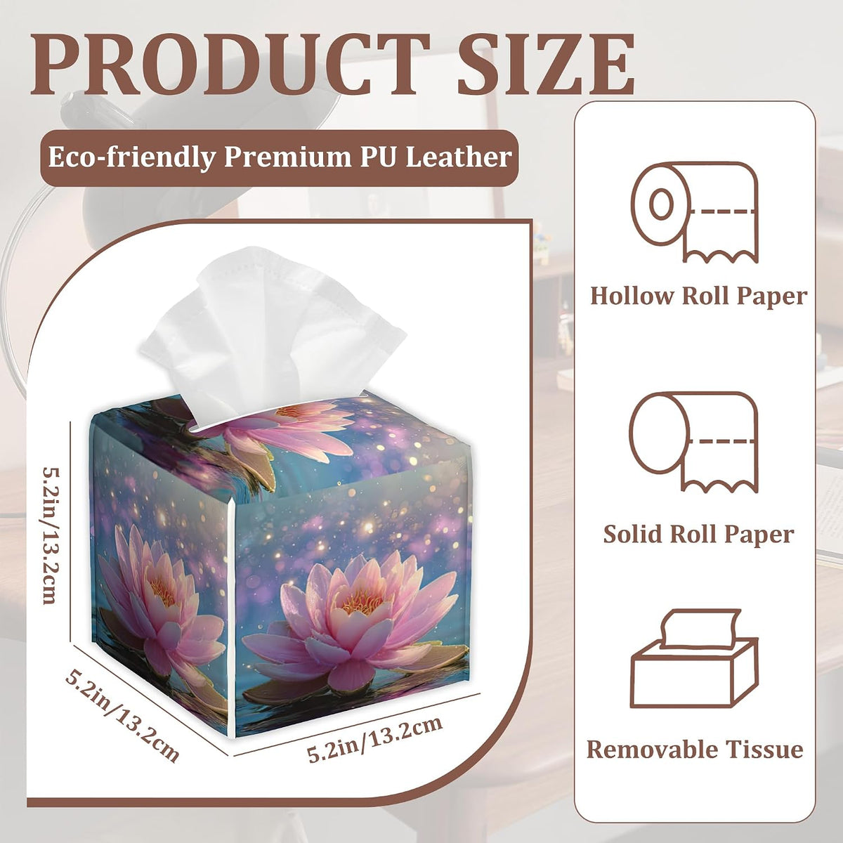 Pink Lotus Flower Tissue Box Cover, Set of 2 Square Leather Tissue Holder Organizer Portable Decorative Facial Paper Case for Home Office Bathroom Vanity Countertop