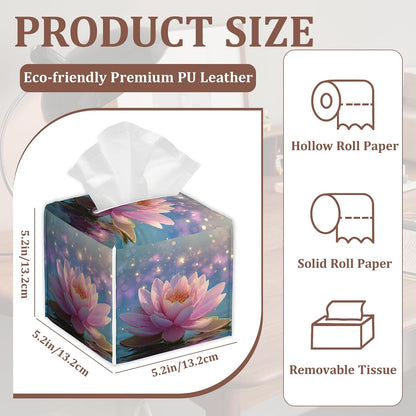 Pink Lotus Flower Tissue Box Cover, Set of 2 Square Leather Tissue Holder Organizer Portable Decorative Facial Paper Case for Home Office Bathroom Vanity Countertop