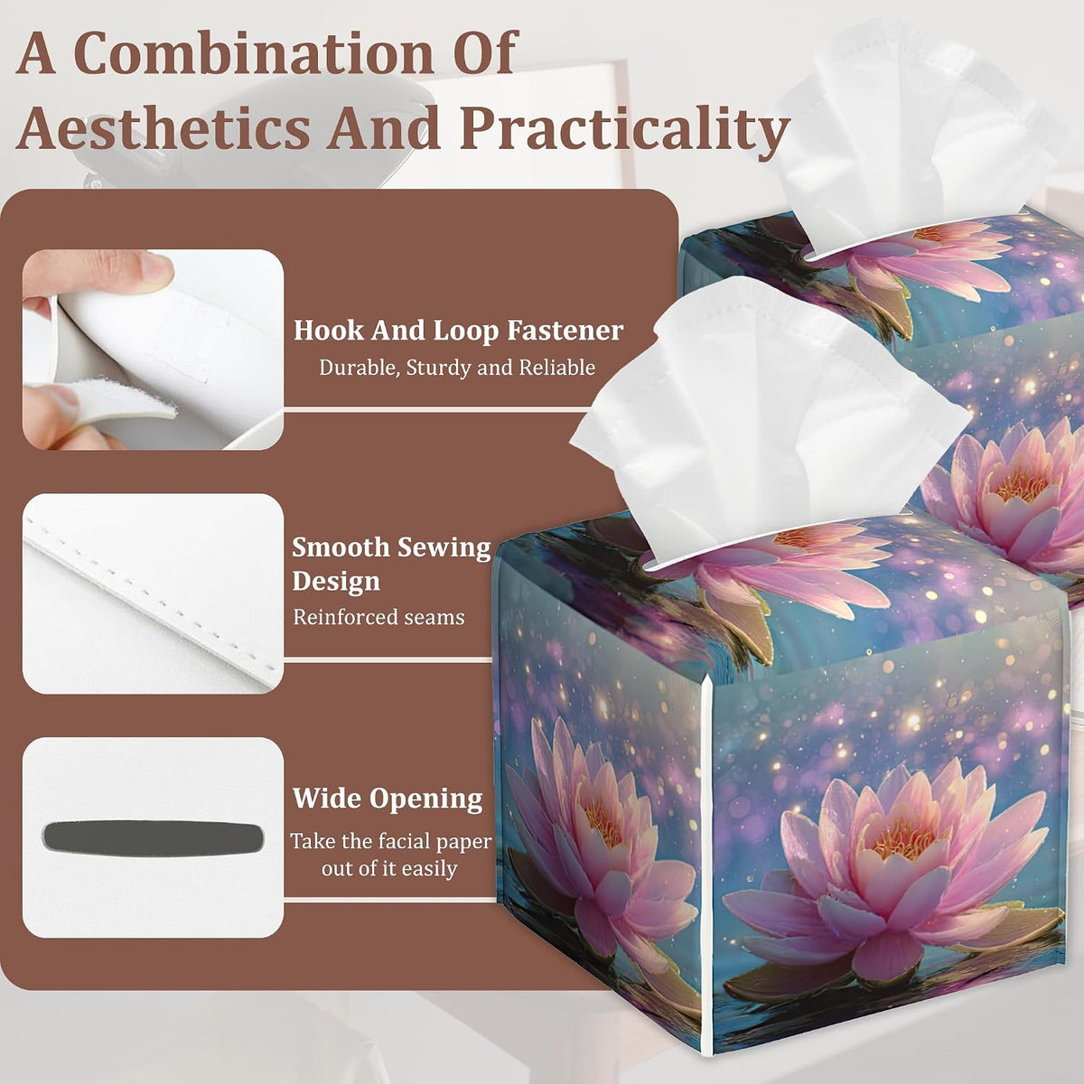 Pink Lotus Flower Tissue Box Cover, Set of 2 Square Leather Tissue Holder Organizer Portable Decorative Facial Paper Case for Home Office Bathroom Vanity Countertop