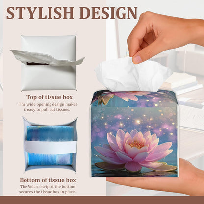 Pink Lotus Flower Tissue Box Cover, Set of 2 Square Leather Tissue Holder Organizer Portable Decorative Facial Paper Case for Home Office Bathroom Vanity Countertop