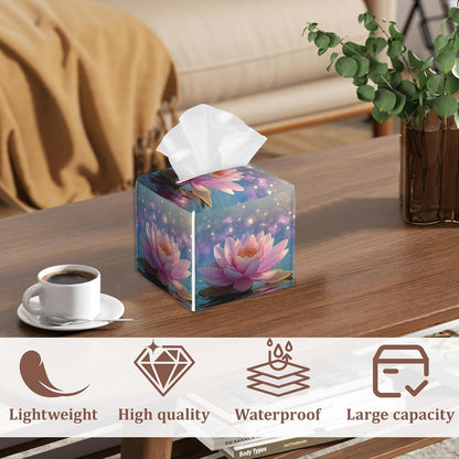 Pink Lotus Flower Tissue Box Cover, Set of 2 Square Leather Tissue Holder Organizer Portable Decorative Facial Paper Case for Home Office Bathroom Vanity Countertop