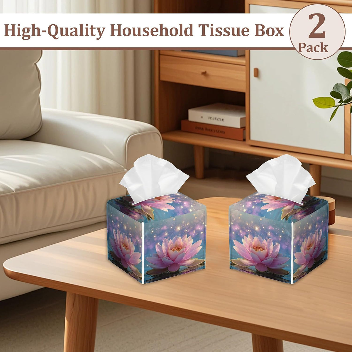 Pink Lotus Flower Tissue Box Cover, Set of 2 Square Leather Tissue Holder Organizer Portable Decorative Facial Paper Case for Home Office Bathroom Vanity Countertop