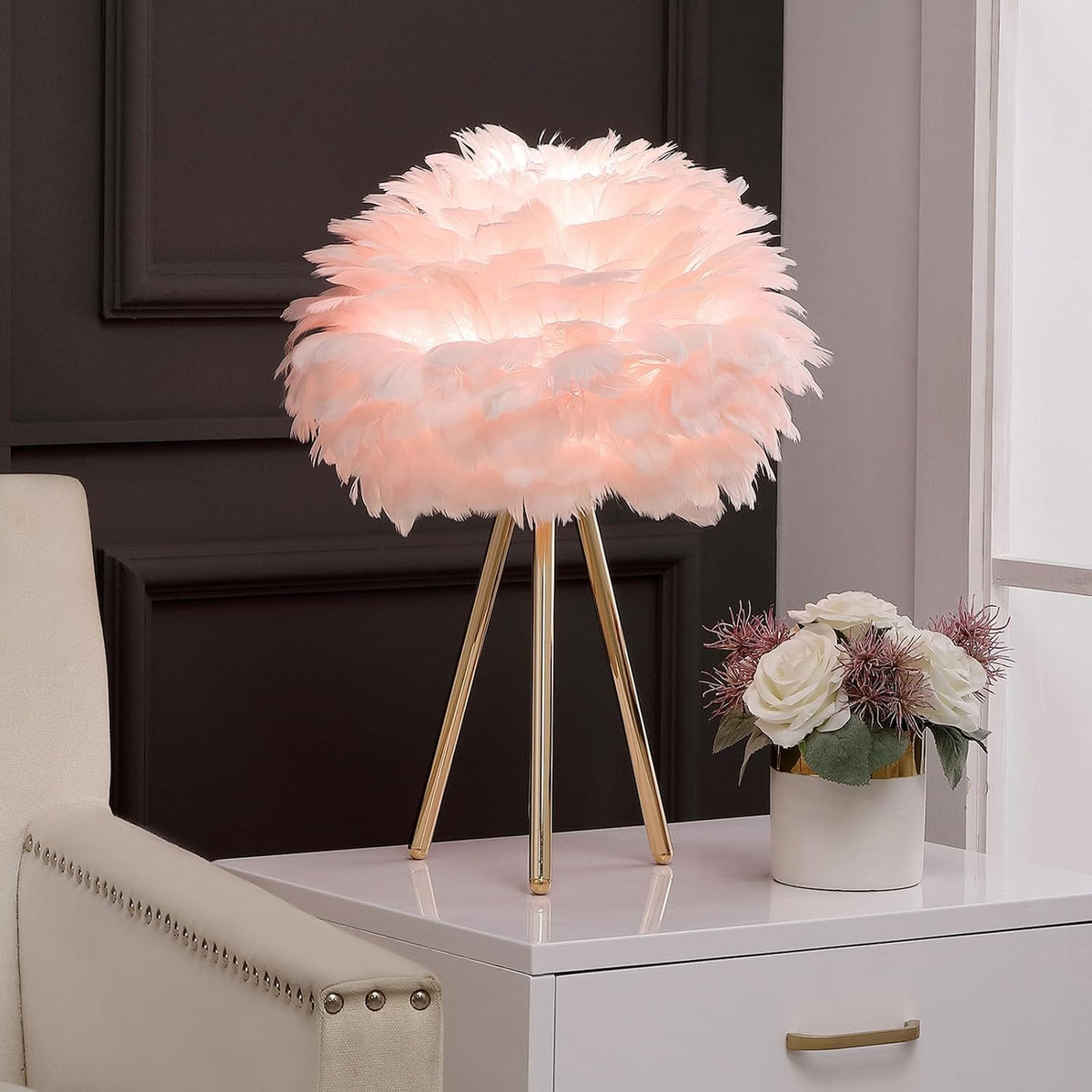 Pink Feather Lamp Tripod Lamp for for Girls Bedrooms Living Room Aesthetic Decor Desk Lamp Unique Bedside Lamps Gold Large Table Lamp (Tripod-Pink)