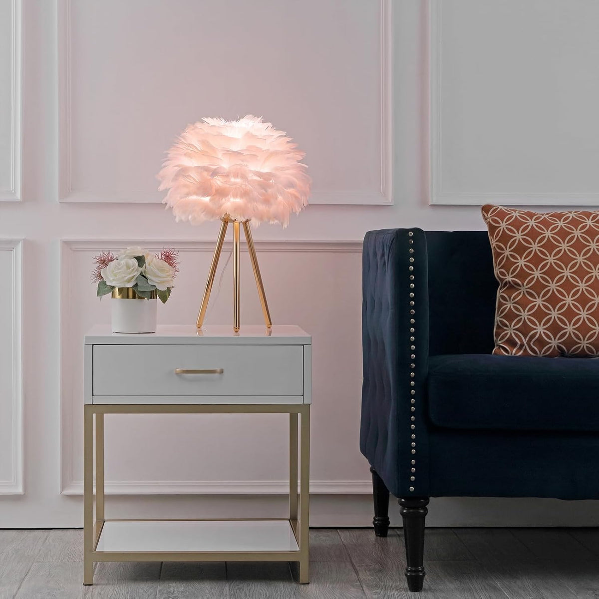Pink Feather Lamp Tripod Lamp for for Girls Bedrooms Living Room Aesthetic Decor Desk Lamp Unique Bedside Lamps Gold Large Table Lamp (Tripod-Pink)