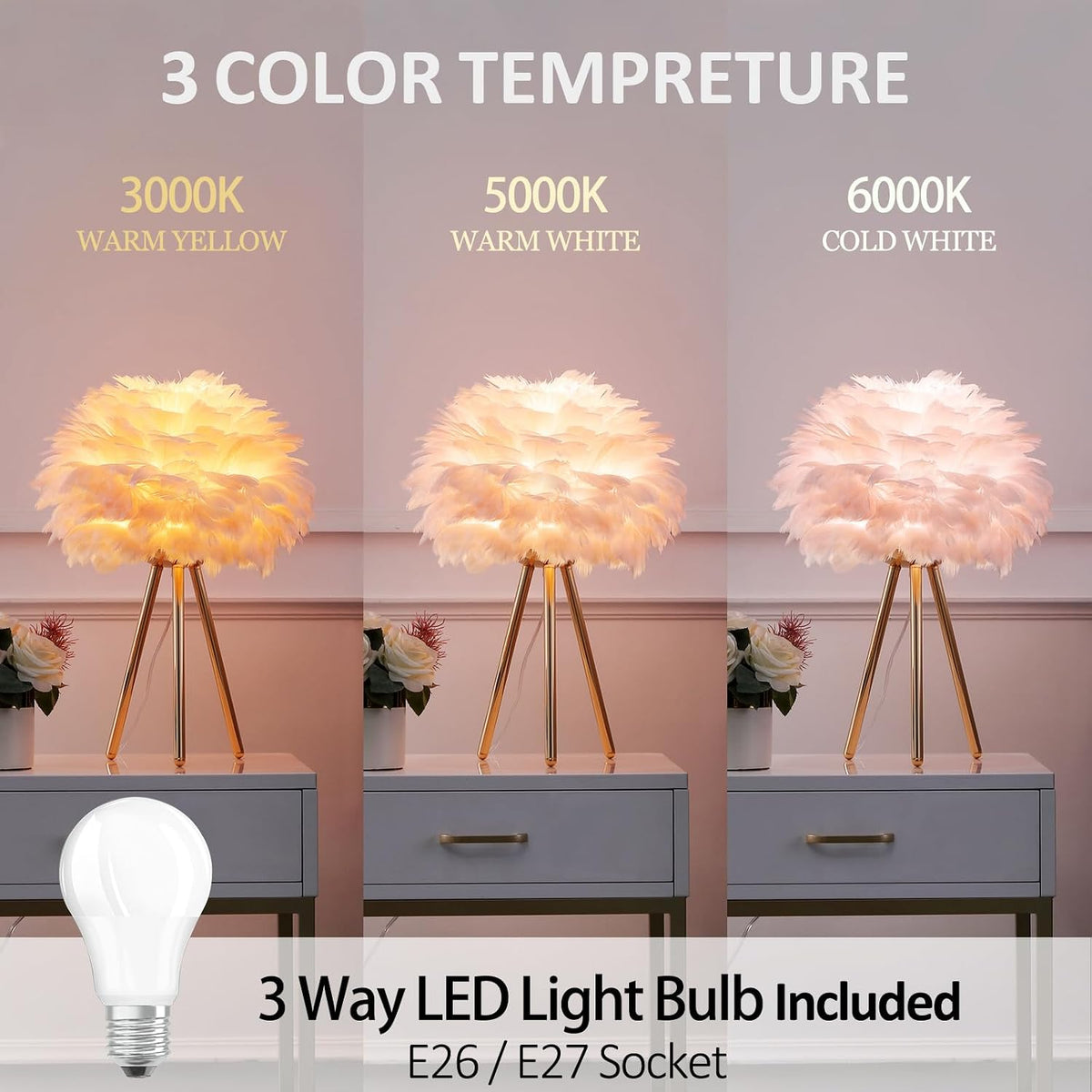 Pink Feather Lamp Tripod Lamp for for Girls Bedrooms Living Room Aesthetic Decor Desk Lamp Unique Bedside Lamps Gold Large Table Lamp (Tripod-Pink)