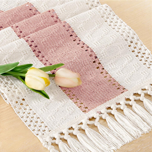 Socomi Boho Table Runner Summer Farmhouse Rustic Dining Kitchen Centerpiece Decor Small Macrame Woven Cotton Linen Coffee Table Runner for Dresser Scarf Home Decor 12x48 inPink Ivory