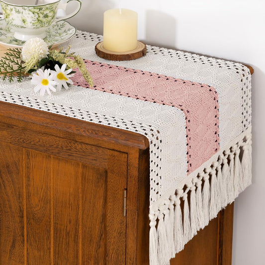 Socomi Boho Table Runner Summer Farmhouse Rustic Dining Kitchen Centerpiece Decor Small Macrame Woven Cotton Linen Coffee Table Runner for Dresser Scarf Home Decor 12x48 inPink Ivory