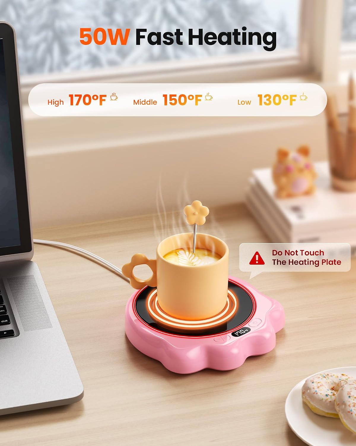 Mug Warmer, 50W Cute Cat Paw Cup Warmers, Heated Plate - Pink