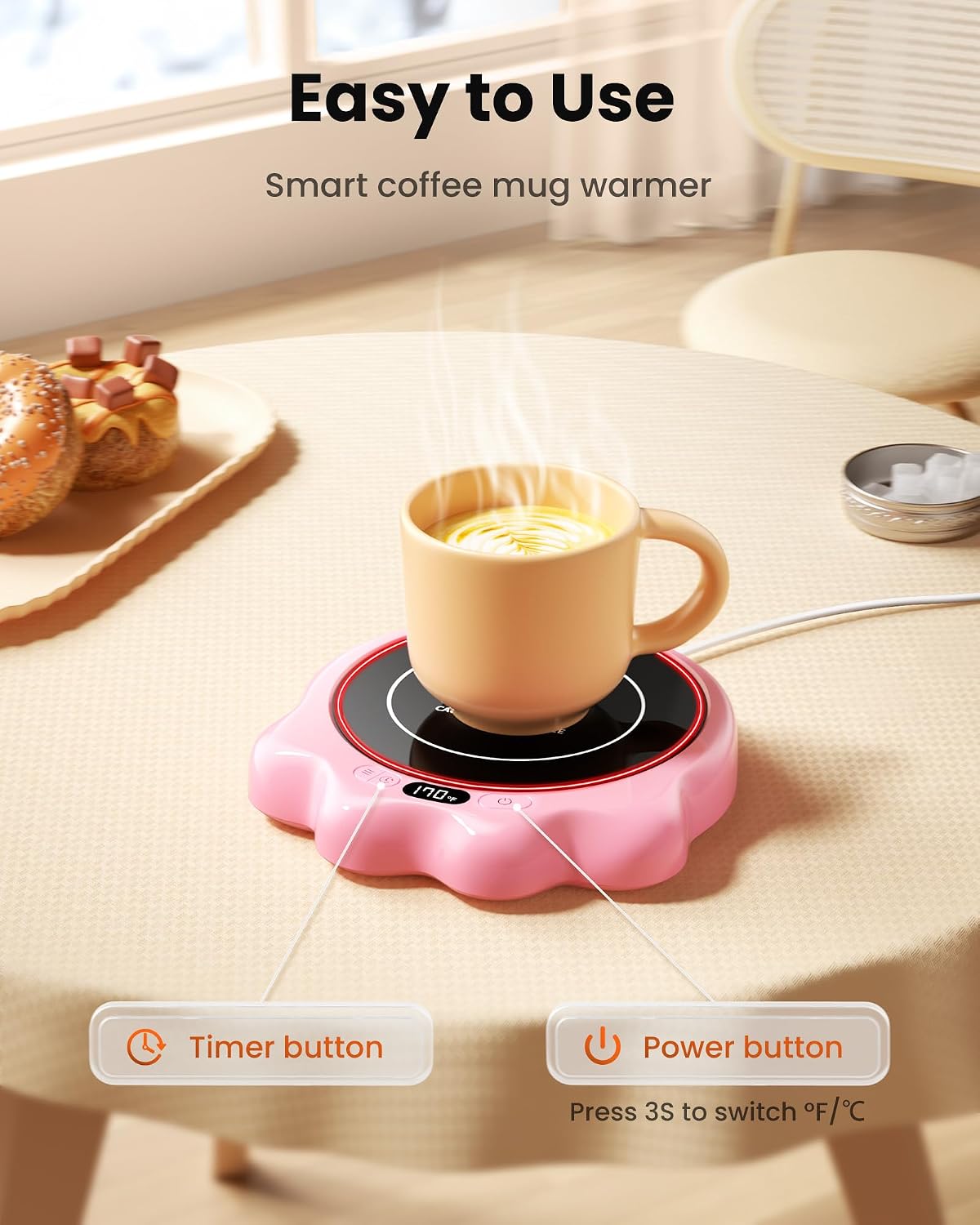 Mug Warmer, 50W Cute Cat Paw Cup Warmers, Heated Plate - Pink
