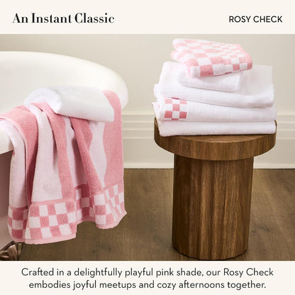 Cotton Bath Towel, Pink-and-White Rosy Check