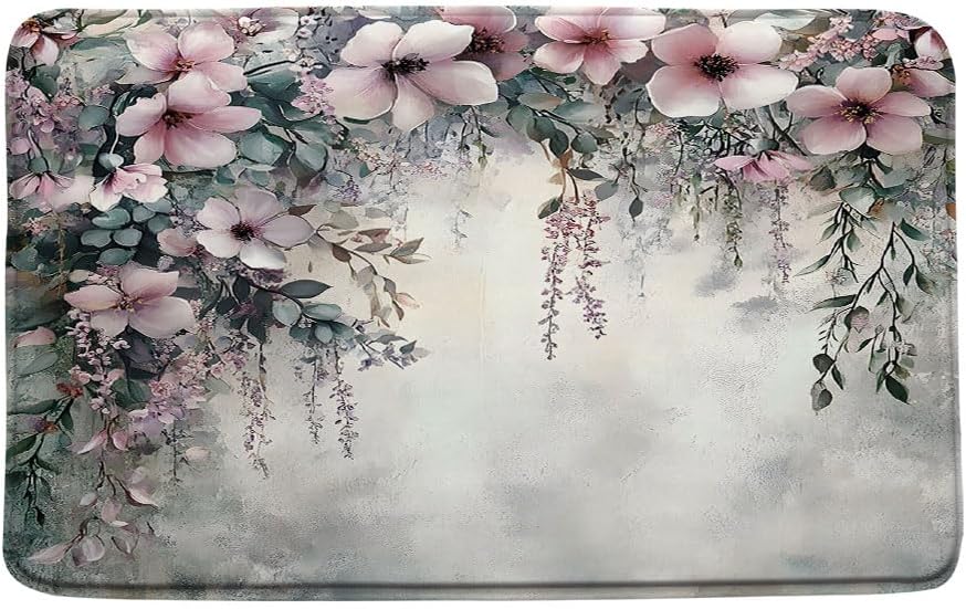 18" x 30" Floral Bath Mat with Pink Flower Watercolor Design
