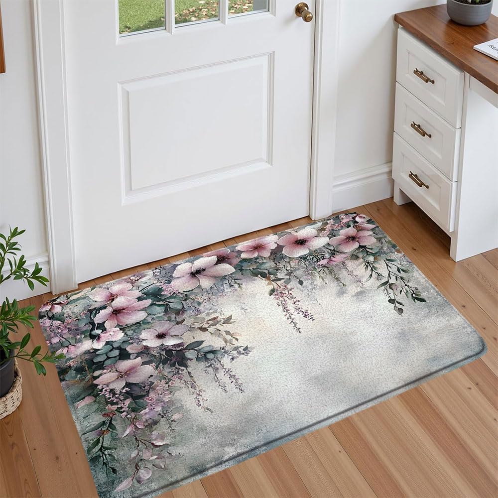 18" x 30" Floral Bath Mat with Pink Flower Watercolor Design
