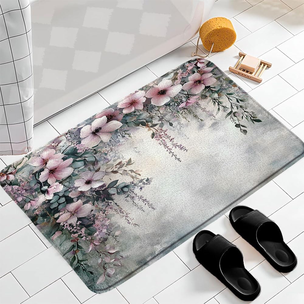 18" x 30" Floral Bath Mat with Pink Flower Watercolor Design