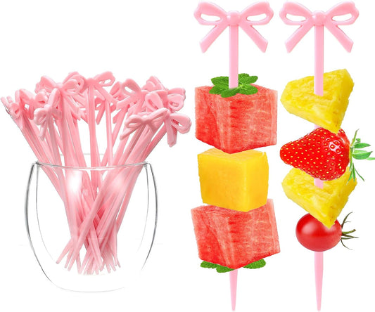 30 PCS Pink Bow Cocktail Picks, Acrylic Pink Cute Bow Skewers