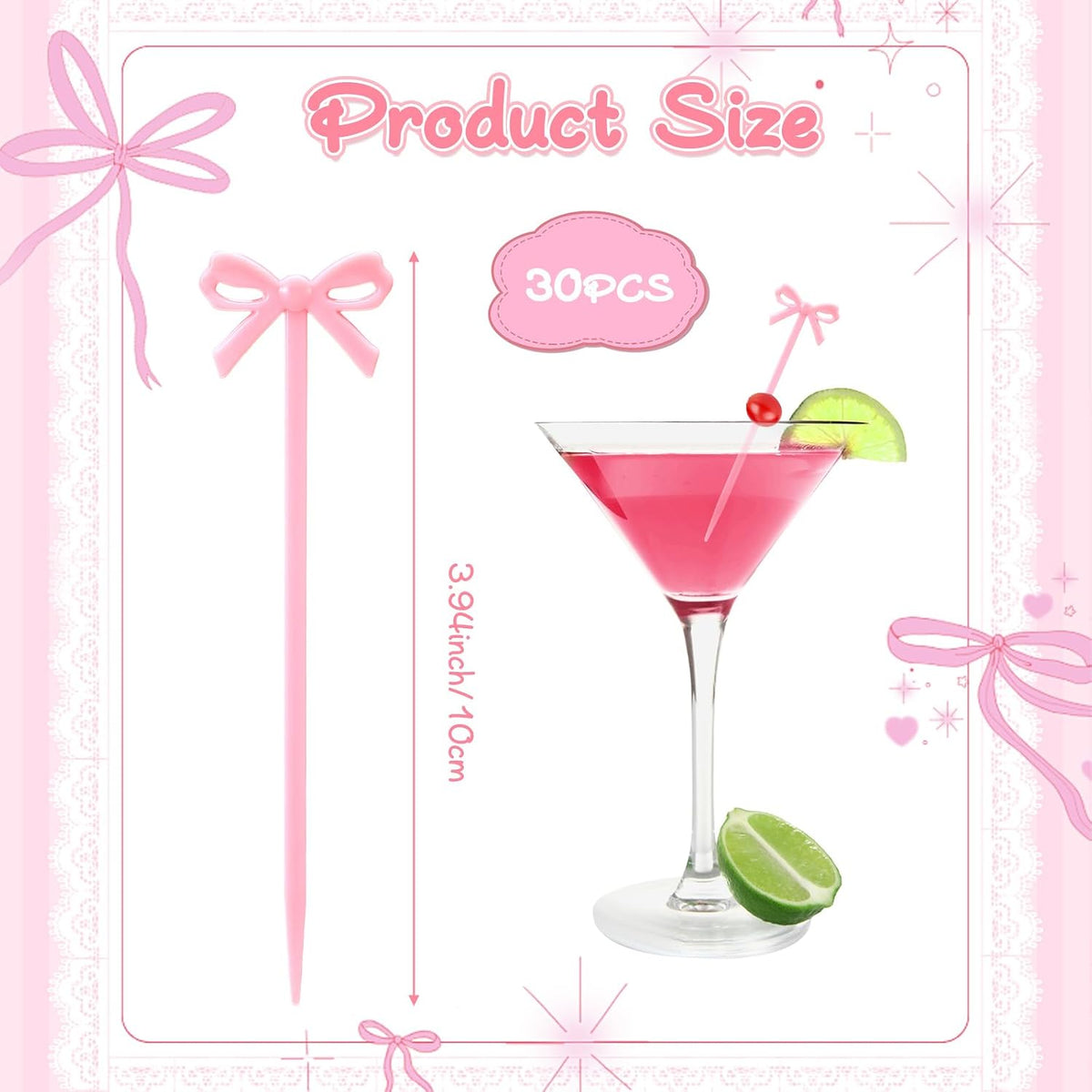 30 PCS Pink Bow Cocktail Picks, Acrylic Pink Cute Bow Skewers