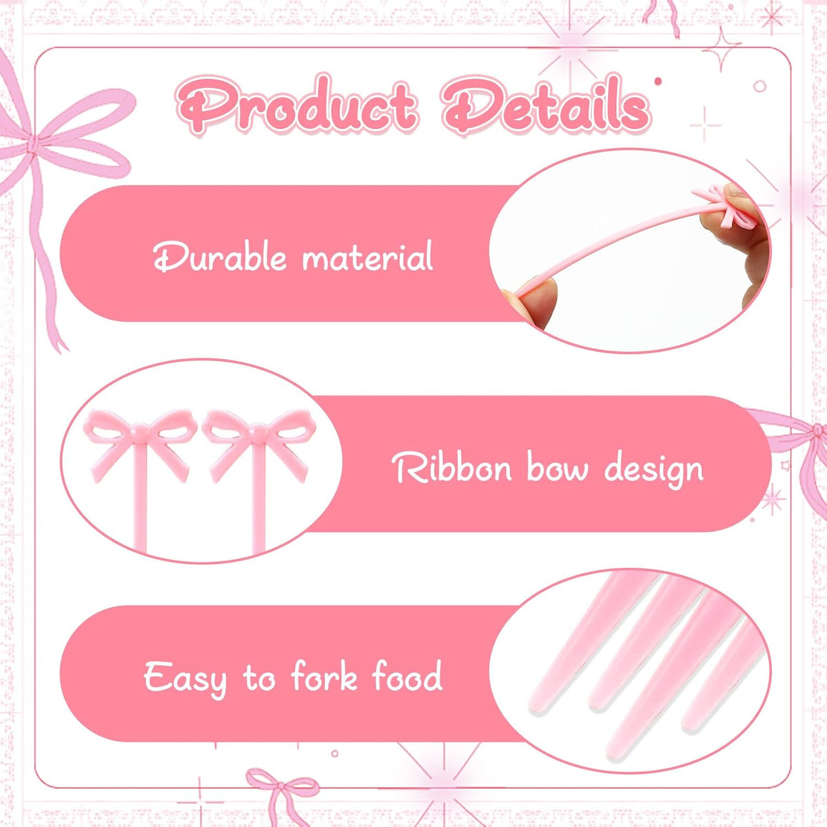 30 PCS Pink Bow Cocktail Picks, Acrylic Pink Cute Bow Skewers