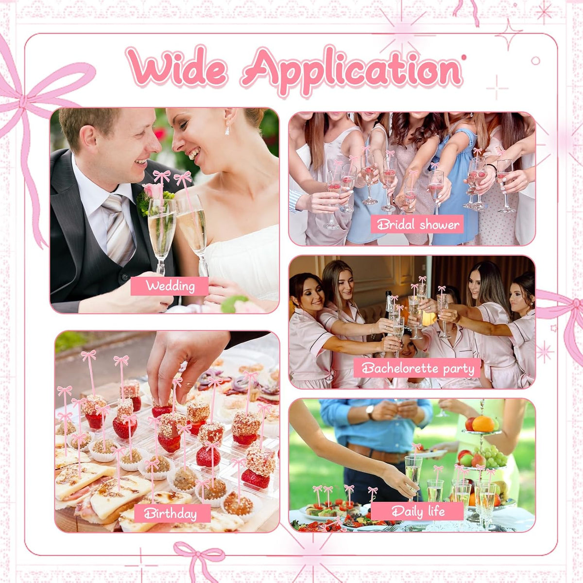 30 PCS Pink Bow Cocktail Picks, Acrylic Pink Cute Bow Skewers