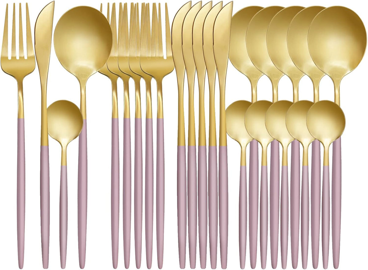 24-Piece Gold and Pink Flatware Set, Stainless Steel Cutlery Set for 6, Includes Knives, Forks, Spoons, Modern Home Dinnerware Tableware Set