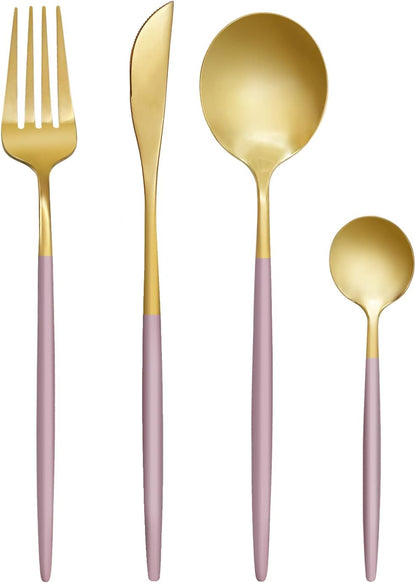 24-Piece Gold and Pink Flatware Set, Stainless Steel Cutlery Set for 6, Includes Knives, Forks, Spoons, Modern Home Dinnerware Tableware Set