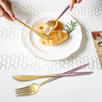 24-Piece Gold and Pink Flatware Set, Stainless Steel Cutlery Set for 6, Includes Knives, Forks, Spoons, Modern Home Dinnerware Tableware Set