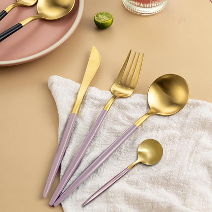 24-Piece Gold and Pink Flatware Set, Stainless Steel Cutlery Set for 6, Includes Knives, Forks, Spoons, Modern Home Dinnerware Tableware Set