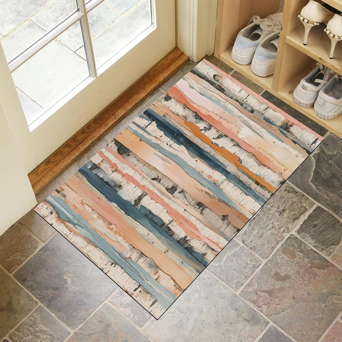Birch Stripe Door Mat, Front Indoor Door Mat Faux Wool Non-Slip Entryway Rug Absorbent Elegant Wood Grain Throw Rug for Indoor Entrance Hallway, 2'X3', Peach Pink Washable