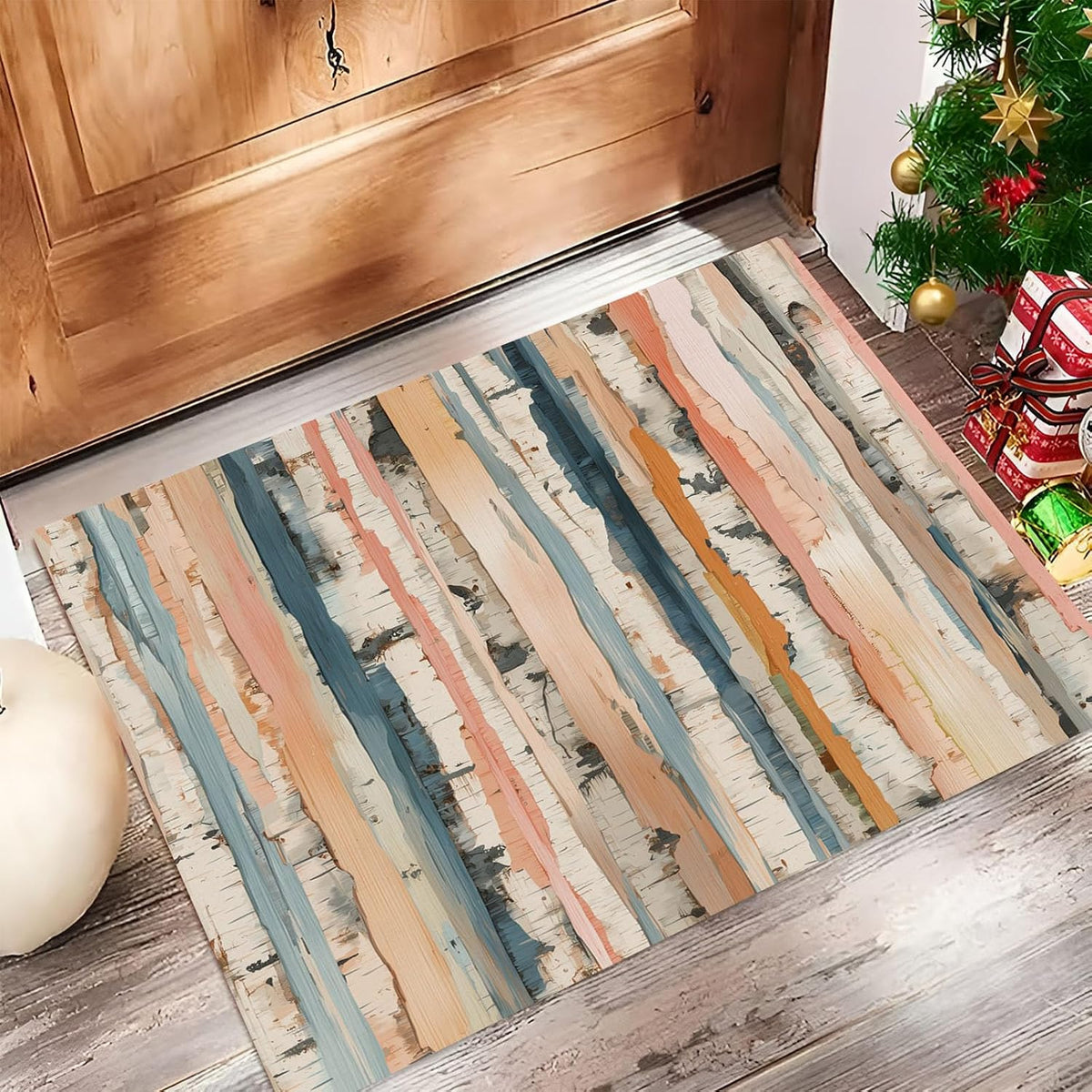 Birch Stripe Door Mat, Front Indoor Door Mat Faux Wool Non-Slip Entryway Rug Absorbent Elegant Wood Grain Throw Rug for Indoor Entrance Hallway, 2'X3', Peach Pink Washable