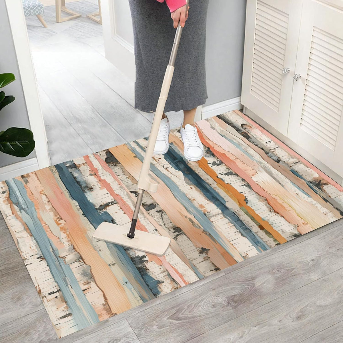 Birch Stripe Door Mat, Front Indoor Door Mat Faux Wool Non-Slip Entryway Rug Absorbent Elegant Wood Grain Throw Rug for Indoor Entrance Hallway, 2'X3', Peach Pink Washable