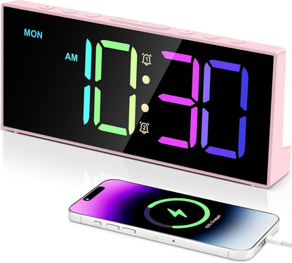 Digital Alarm Clocks,Large Big Numbers Cute clocks for Bedrooms,college dormitories,Teens,Modern Décor Plug in Clock with USB Charger Port Adjustable 3-Levels volume,5 Dimmers,Battery Backup (Pink)